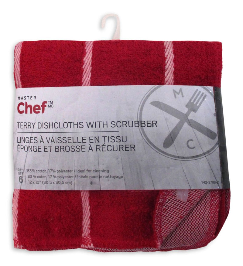 MASTER Chef Terry Cotton Checkered Dishcloths, 12-in x 12-in, Red, with Scrubber, 6-pk F7