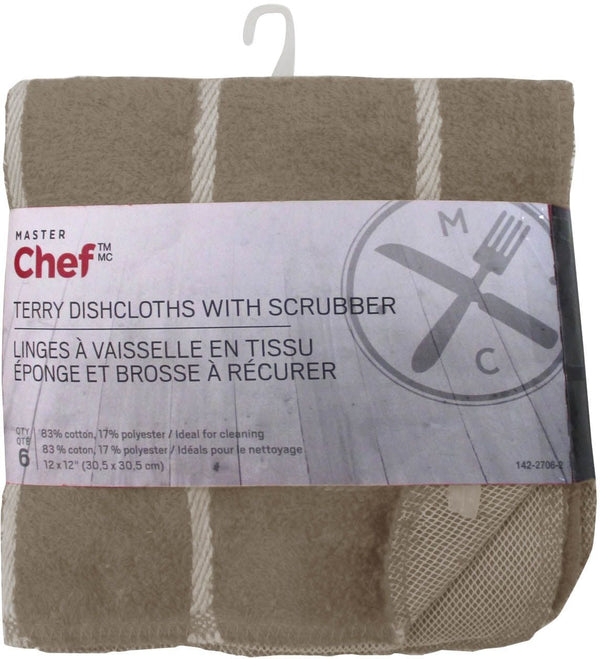 MASTER Chef Terry Cotton Checkered Dishcloths with Scrubber, 12-in x 12-in, 6-pk, Brown N1