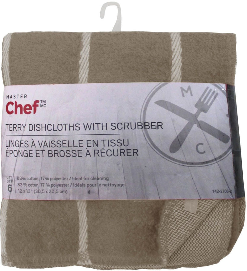 MASTER Chef Terry Cotton Checkered Dishcloths with Scrubber, 12-in x 12-in, 6-pk, Brown N1