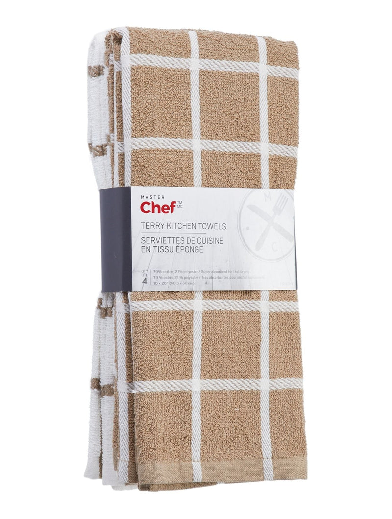 MASTER Chef Terry Cotton Checkered Kitchen Towels, Reusable, 16-in x 26-in, 4-pk, Brown/White E3