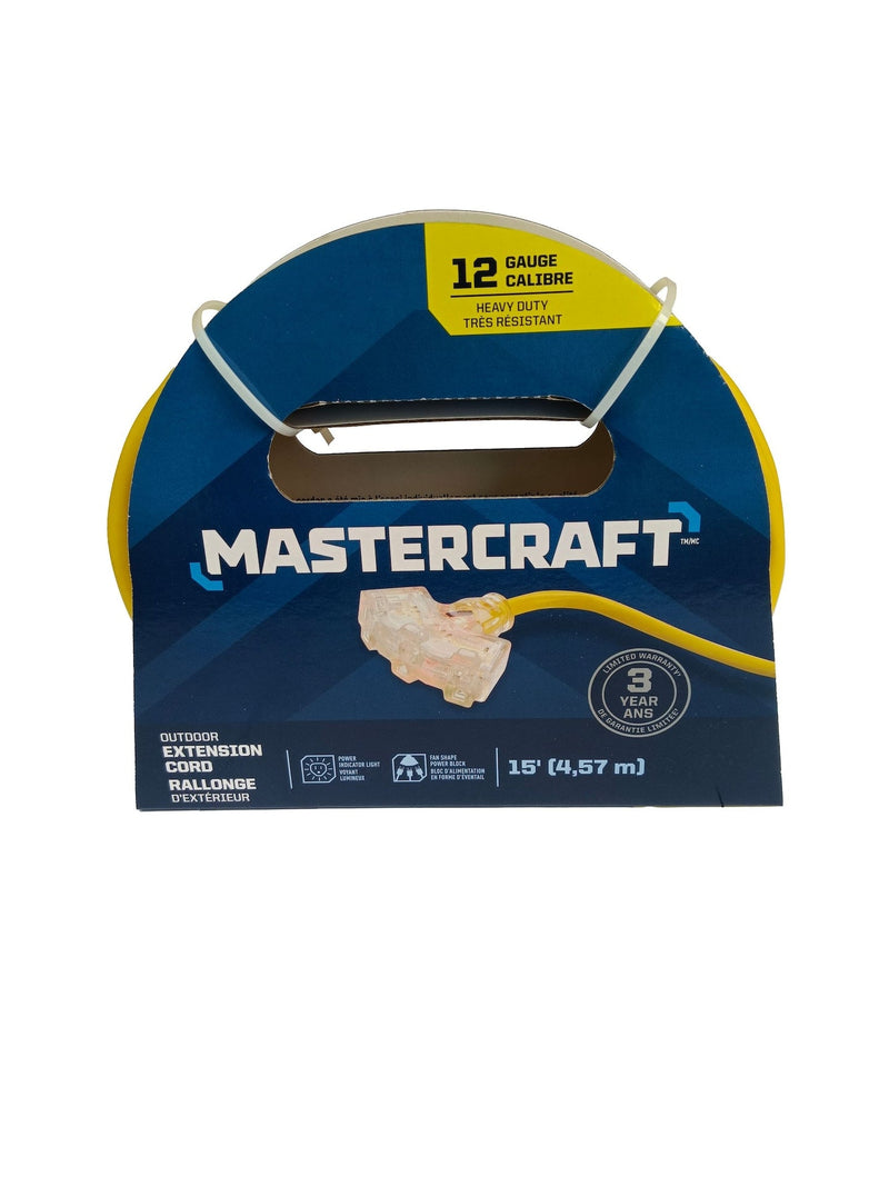 Mastercraft 15-ft 12/3 Outdoor Extension Cord with 3 Grounded Outlets and Lighted End, Yellow S2