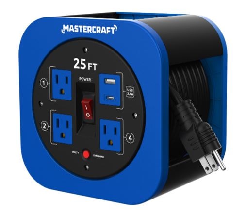 Mastercraft 25-ft 13A 3-Outlet/1 USB-A and 1 USB-C Extension Cord Reel A5