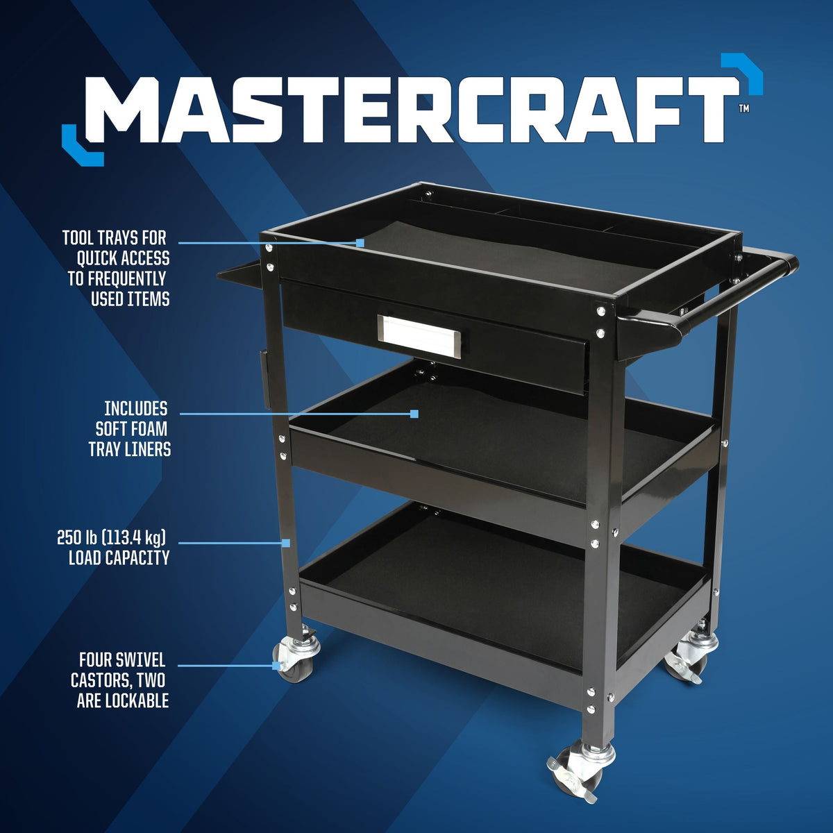 Mastercraft 3-Tier Work Cart with Swivel Casters, 250-lb