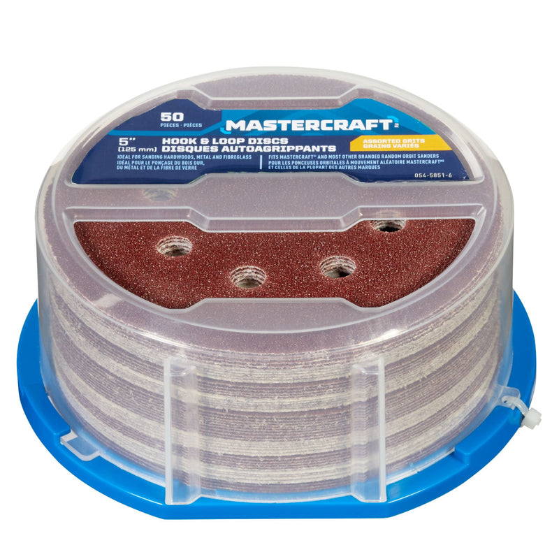 Mastercraft 5-in Assorted Grit Hook & Loop Aluminum Oxide 8-Hole Sanding Disc Set for Wood, Metal, 50-pc B9