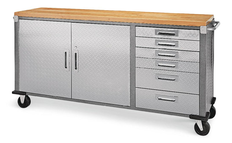 Mastercraft 72" Diamond Series 2-Door, 6-Drawer Wooden Top Work Station with Wheels, 72 x 21-5/8 x 37-1/2-in V5