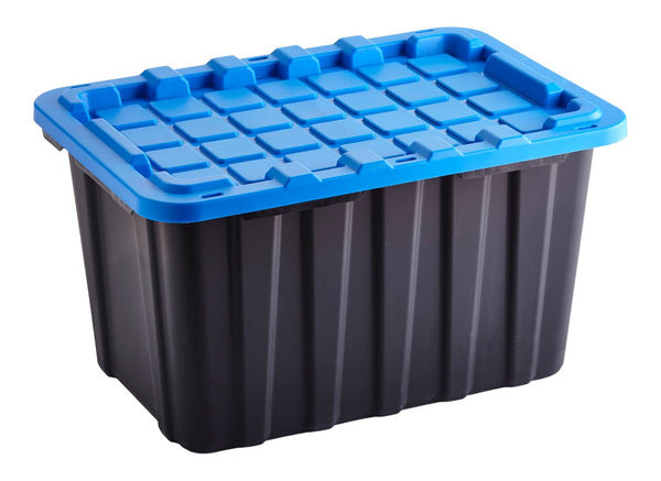 Mastercraft Heavy Duty Stackable Storage Box with Lid, 102-L, Black/Blue H3