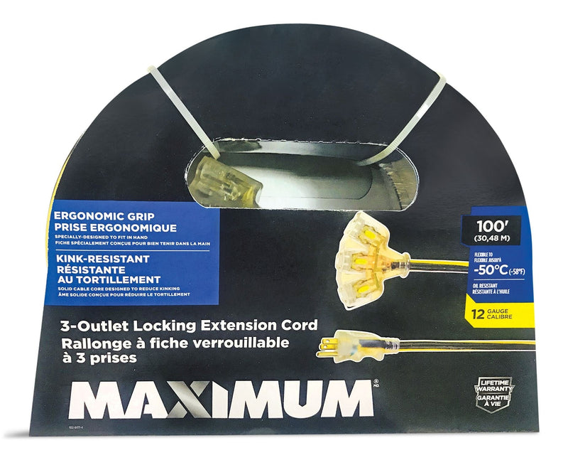 MAXIMUM 100-ft 12/3 Outdoor Extension Cord with 3 Grounded Outlets, Lighted End and Locking Connector, Yellow/Black T1