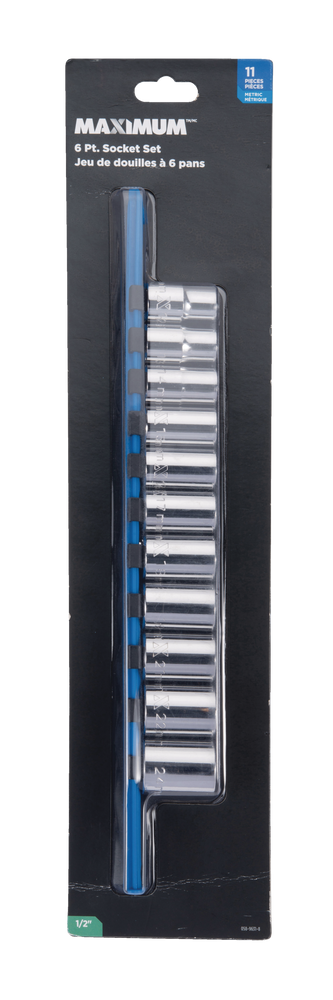 MAXIMUM 1/2-in Drive 6 Pt. Socket Set, Metric, Nickel-Chrome Plating, 11-pc J1