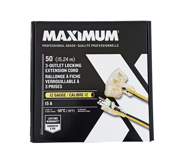 MAXIMUM 3-Outlet Locking Extension Cord, 50-ft, Yellow/Black N7