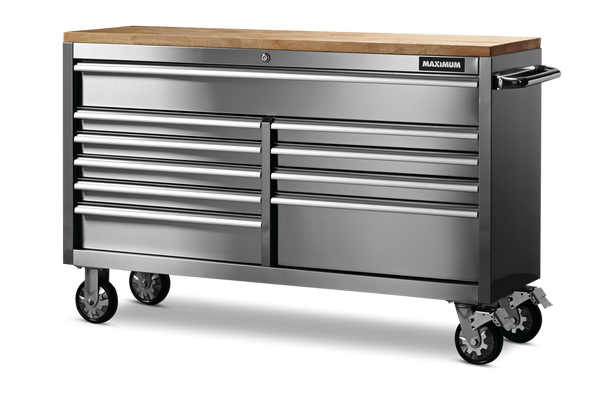 MAXIMUM Butcher Block Top Rolling Tool Storage Cabinet with 10 Drawers, Stainless Steel, 56-in F9