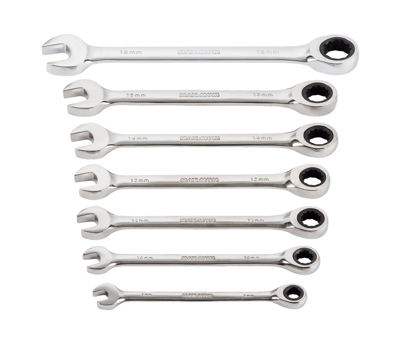MAXIMUM Ratcheting Wrench Set, Metric, Nickel-Chrome Plating, 7-pc T0