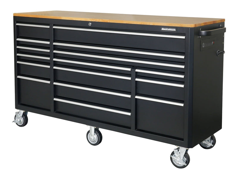 MAXIMUM Tool Cabinet with Wood Top and 4-Outlet Power Strip, Black, 74x24-in N0
