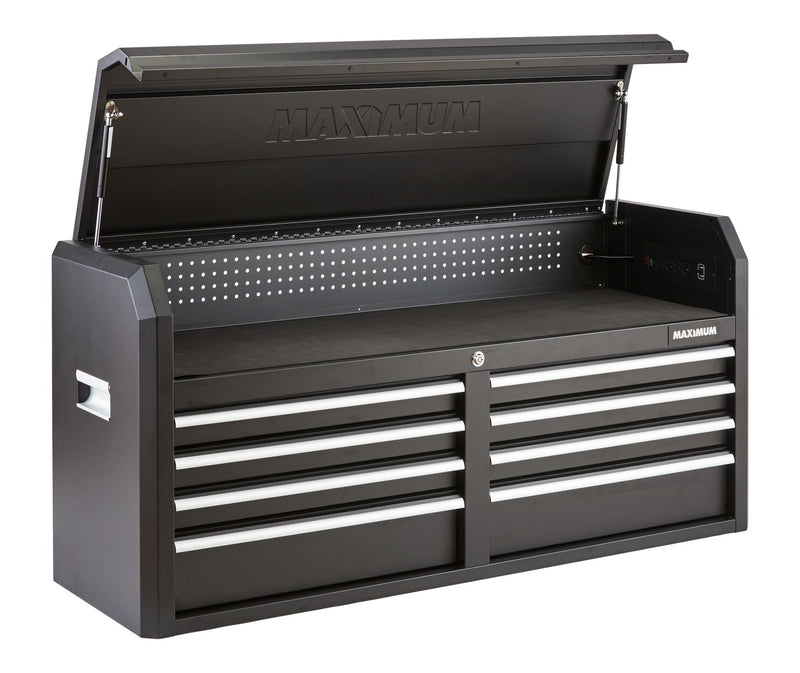 MAXIMUM Tool Storage Chest, Built-In Power Bar with USB, 8-Drawer, 56-in, Matte Black A5