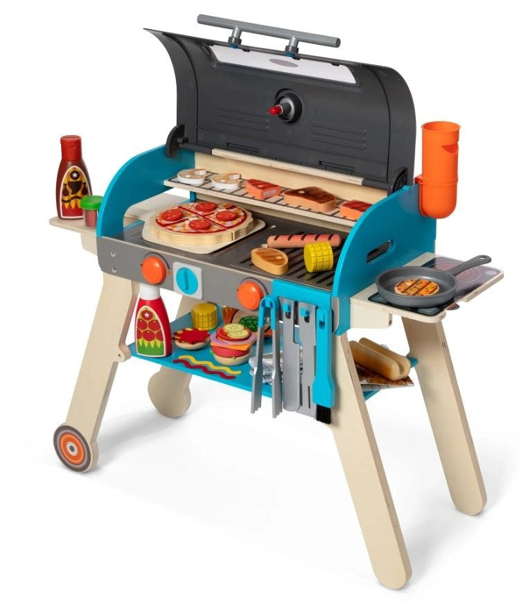 Melissa & Doug Wooden Deluxe Barbecue Grill, Smoker and Pizza Oven Playset, Ages 3+ O0