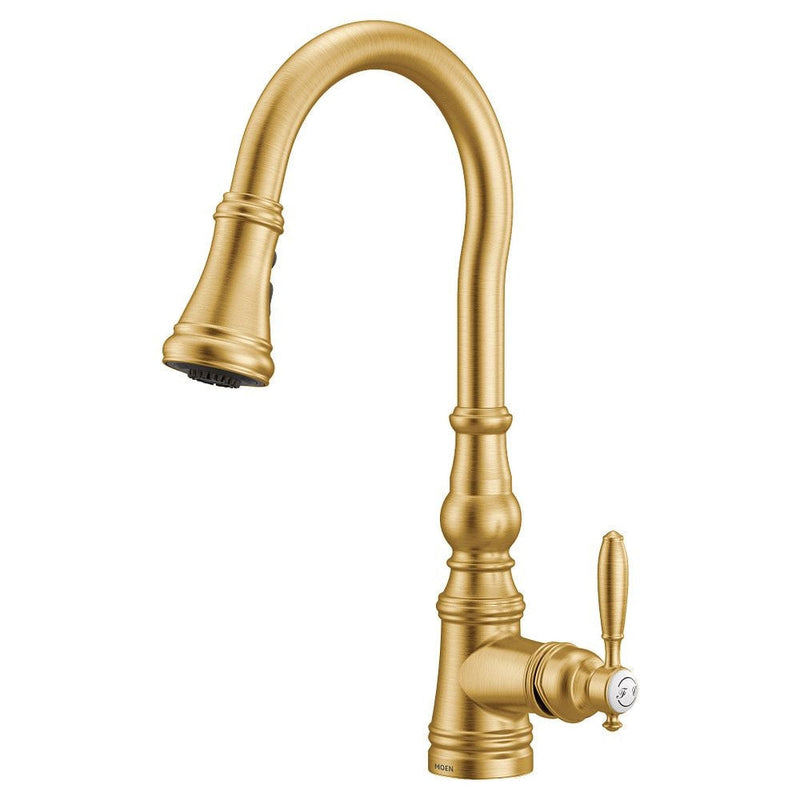 Moen Weymouth Single Handle High Arc Pull Down Sprayer Kitchen Faucet with Power Boost, Brushed Gold R6