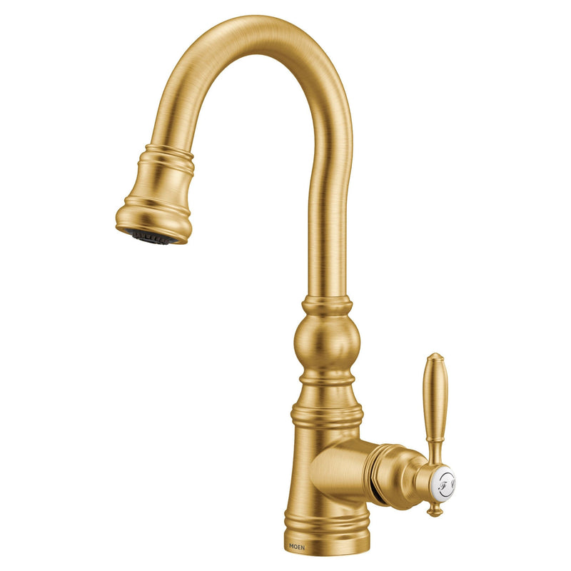 Moen Weymouth Single Handle High Arc Pull Down Sprayer Kitchen Faucet with Power Clean, Brushed Gold N6