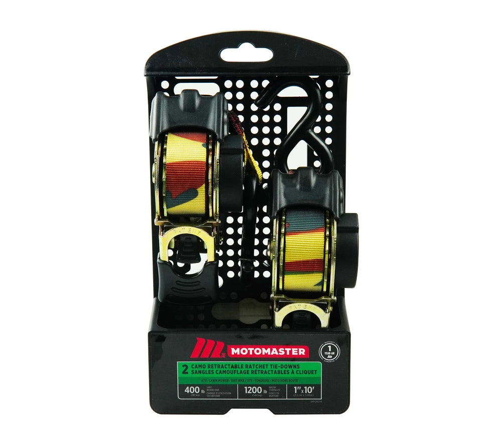 MotoMaster 1,200-lb Retractable Camo Ratchet Tie Down Straps, 1-in x 10-ft, 2-pk