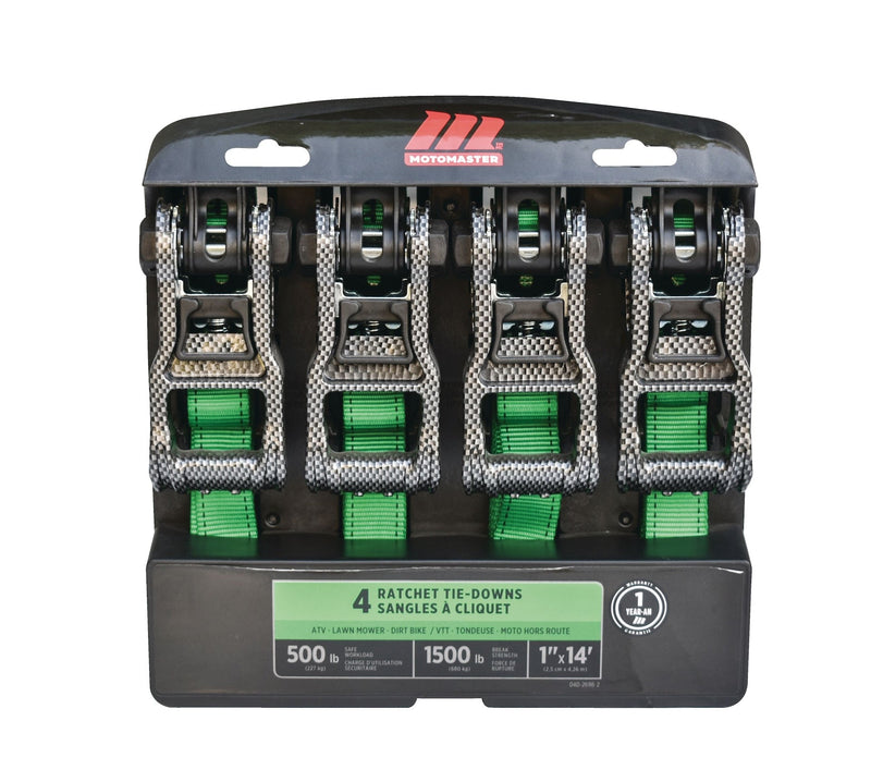 MotoMaster 1,500-lb Carbon Ratchet Tie Downs, Weatherproof, 1-in x 14-ft, 4-pk, Green R0