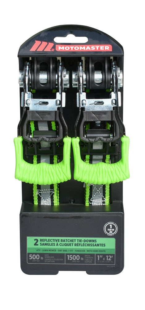 MotoMaster 1,500-lb Reflective Ratchet Tie-Down Strap with Padded D-Handle, 1-in x 12-ft, 2-pk U0