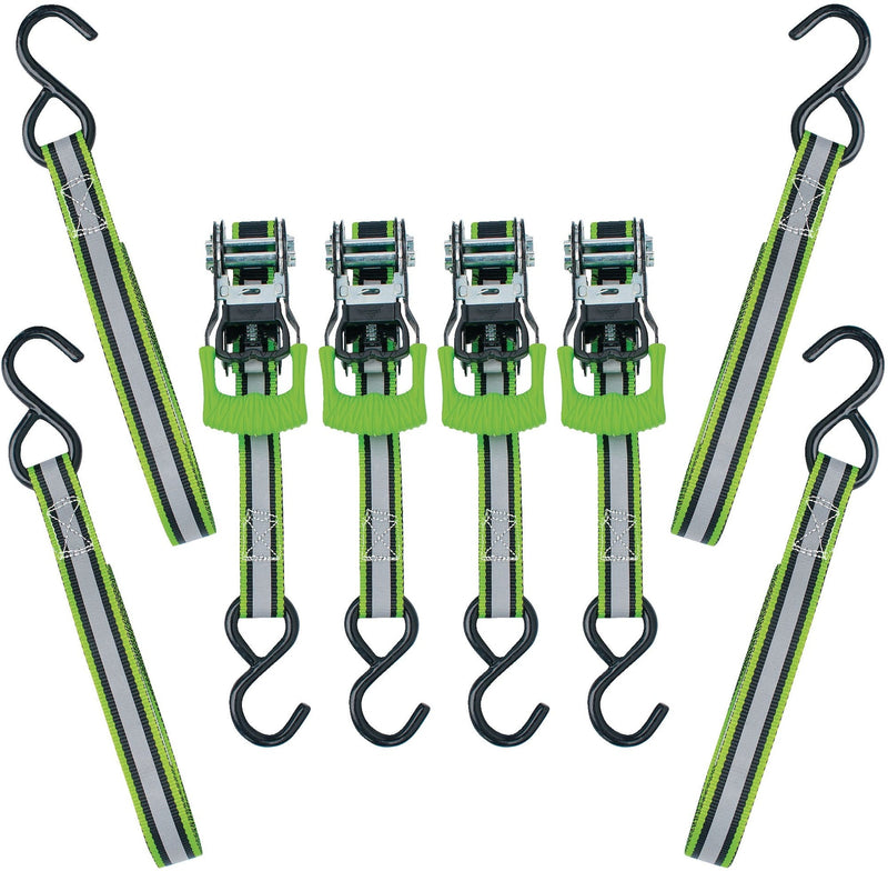MotoMaster 1,500-lb Reflective Ratchet Tie Down Strap, with Padded D-Handle, 1-in x 12-ft, 4-pk, Green A3