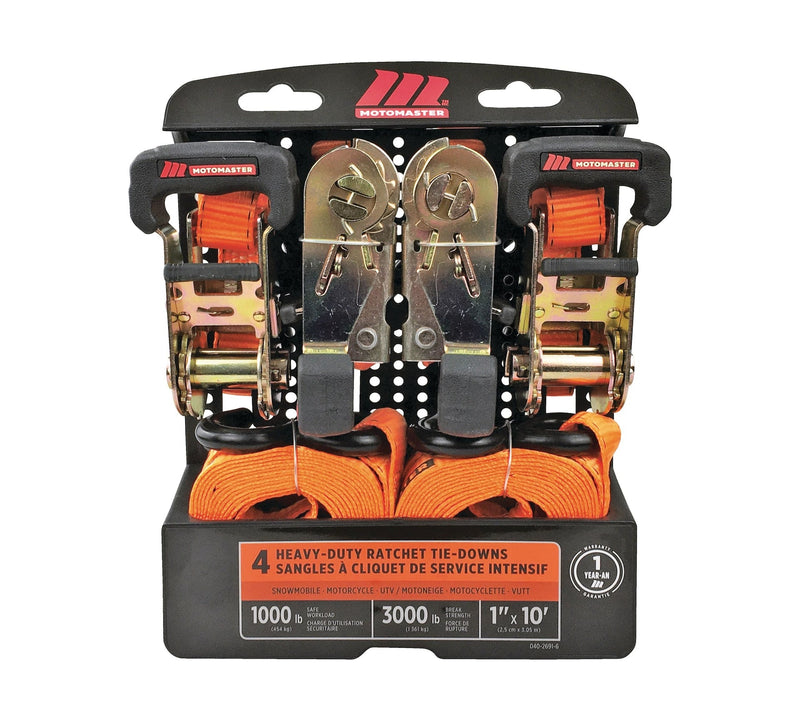 MotoMaster 3,000-lb Ratchet Tie Down Straps, with Power Grip Padded Handles, 1-in x 10-ft, 4-pk E2