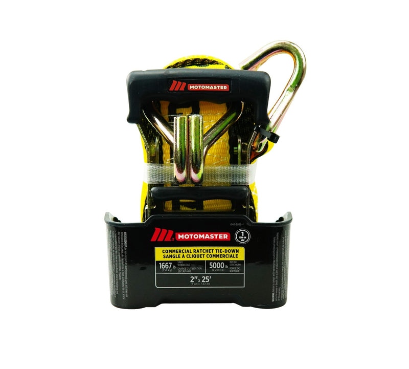 MotoMaster 5,000-lb Commercial Ratchet Tie Down Strap with Double-J Hook, 2-in x 25-ft O3