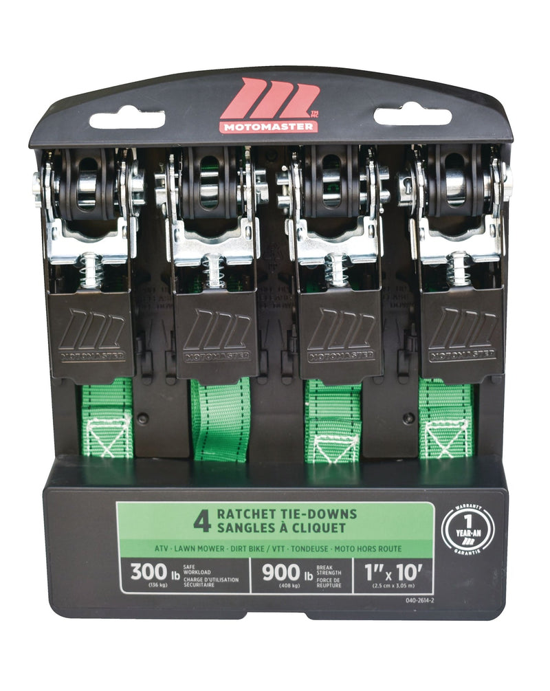 MotoMaster 900-lb Ratchet Tie-Down Straps, Non-Padded, 1-in x 10-ft, 4-pk G4