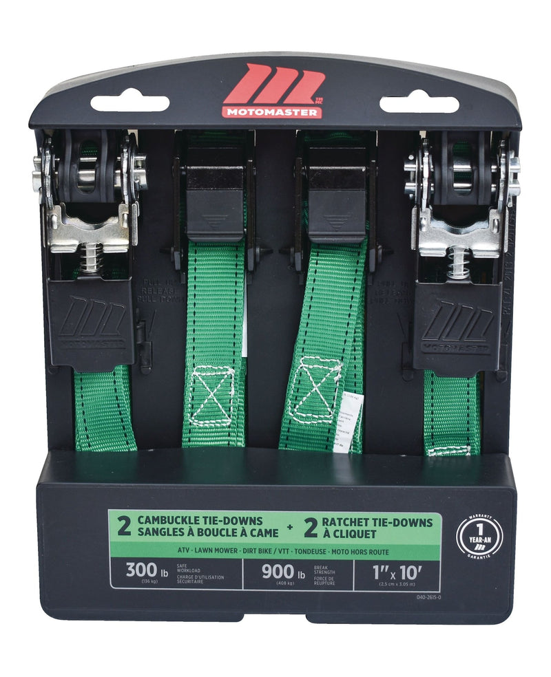 MotoMaster 900-lb Ratchet/Cambuckle Tie-Down Straps, Non-Padded, 1-in x 10-ft, 4-pk E7
