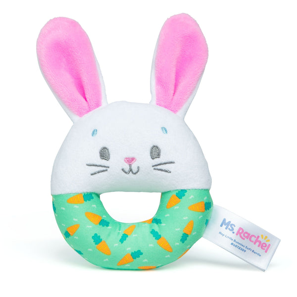 Ms. Rachel, Hop Little Bunnies Soft Rattle Toy, Baby Teething Toys with Plush Bunny Cover, Toddler Toys B2