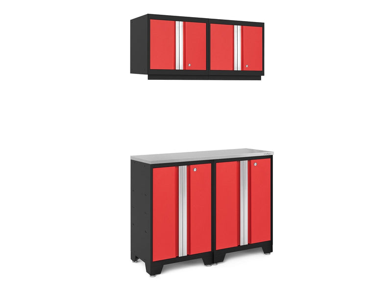 NewAge Bold 3.0 Series All-in-One Lockable Steel Garage Cabinetry Set with Stainless Steel Top, Black/Red, 48-in x 18-in x 76.75-in, 5-pc T1