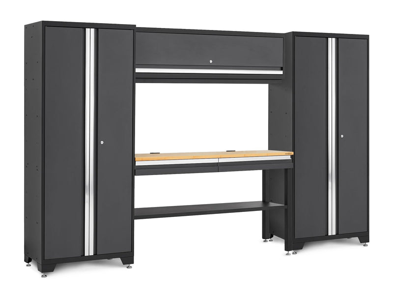 NewAge Bold 3.0 Series Lockable Steel Garage Cabinetry Set with Bamboo Top, Grey, 120-in x 18-in x 72-in, 5-pc M9