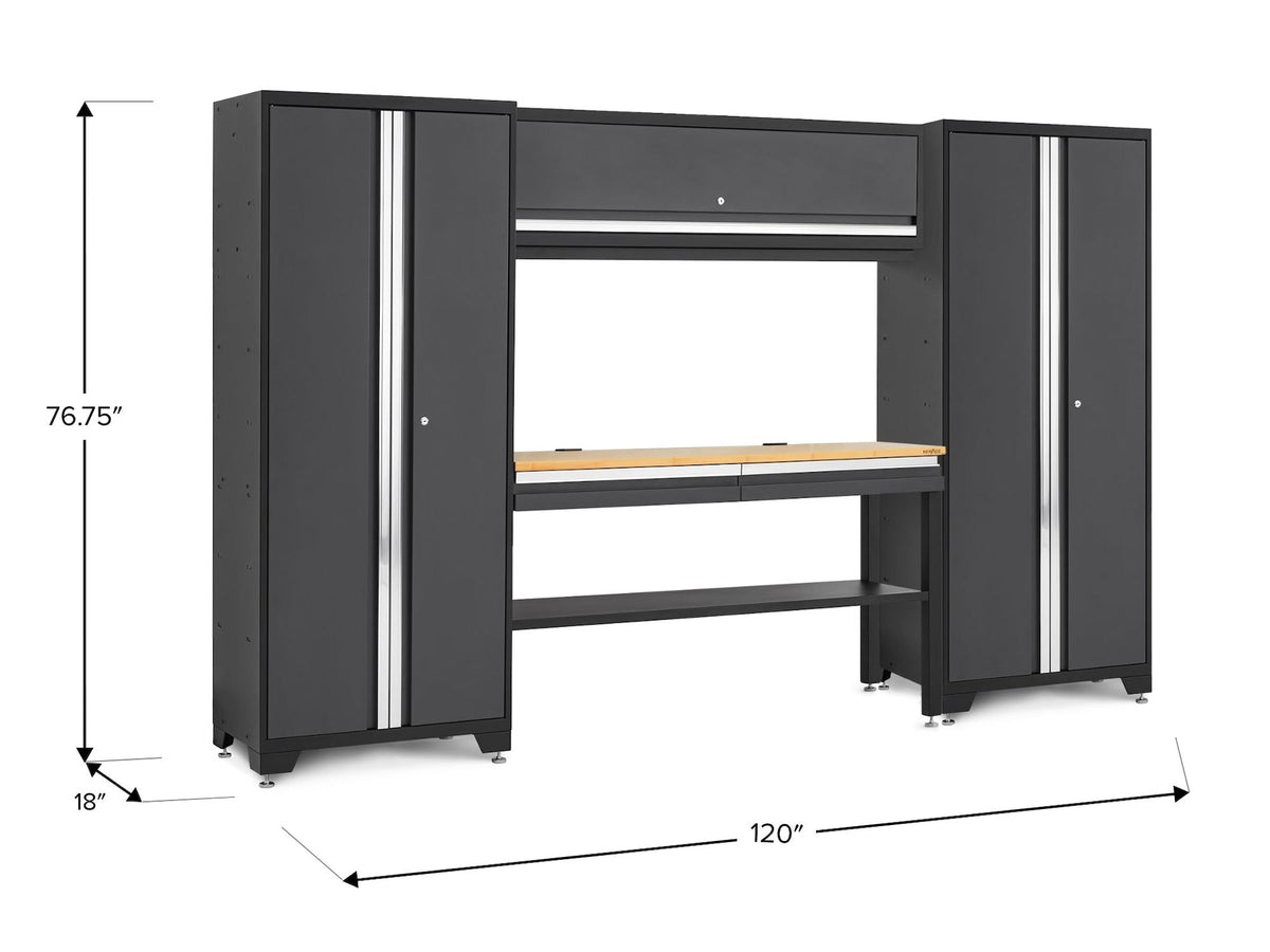 NewAge Bold 3.0 Series Lockable Steel Garage Cabinetry Set with Bamboo Top, Grey, 120-in x 18-in x 72-in, 5-pc