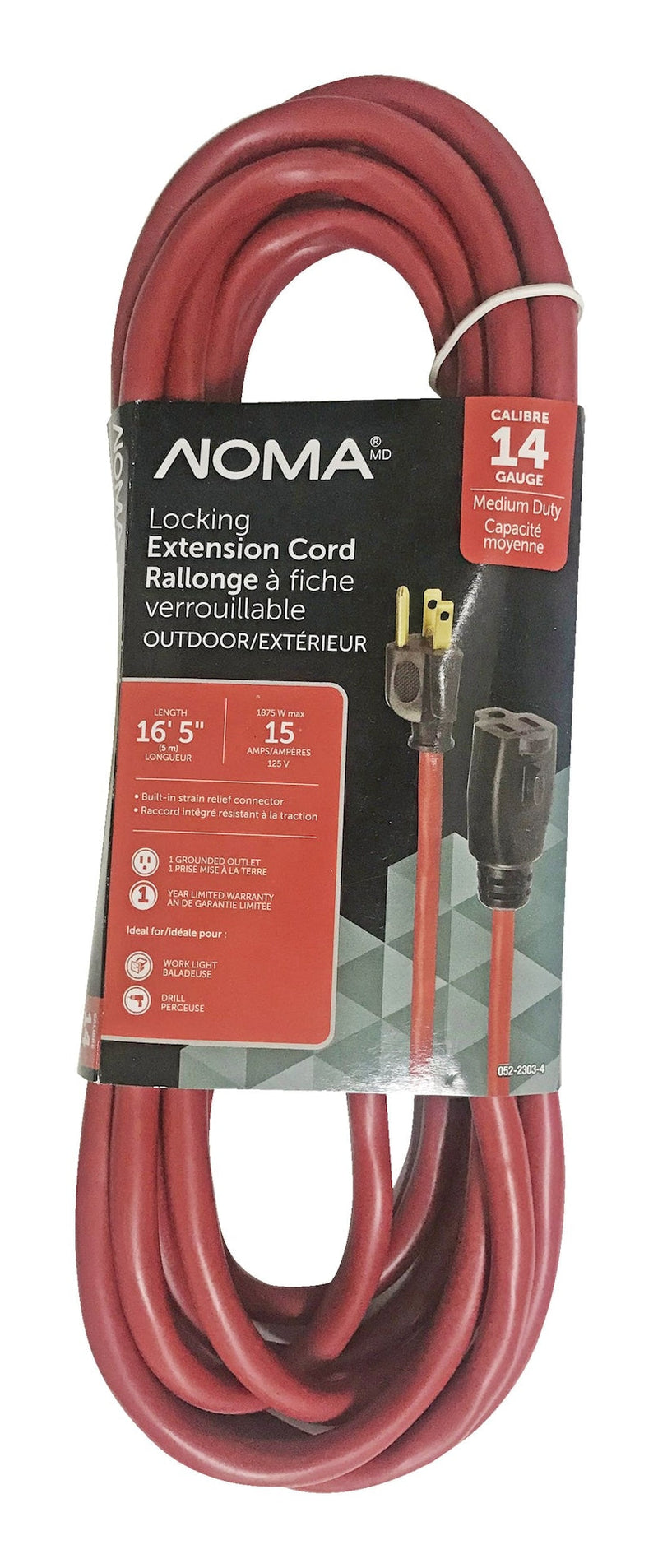 NOMA 16-ft 5-in 14/3 Outdoor Extension Cord with Grounded Outlet and Locking Connector, Red U4