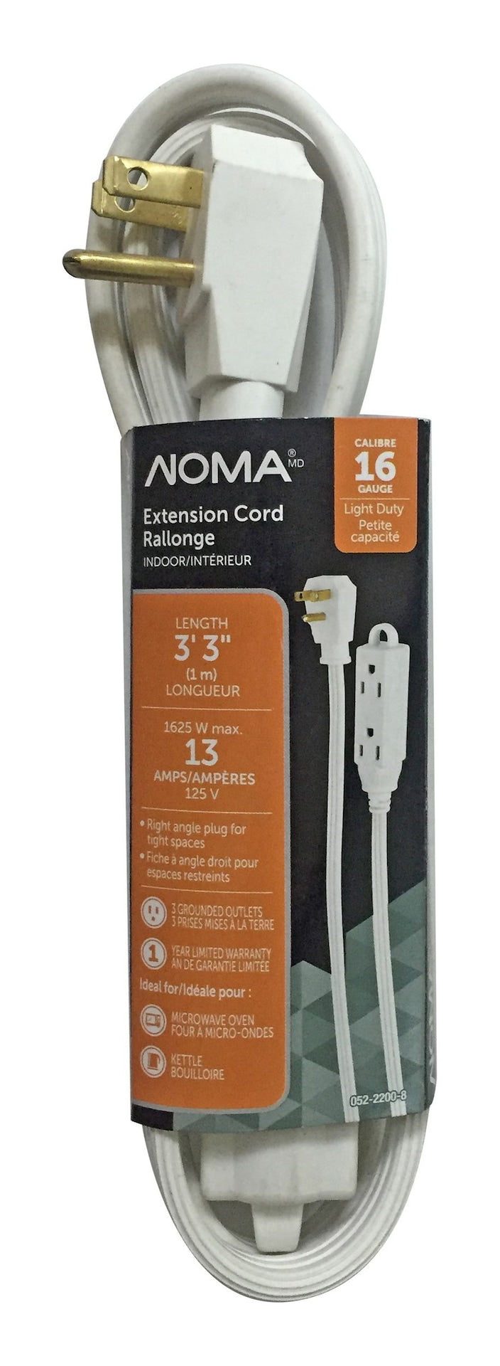 NOMA 3-ft 3-in 16/3 Indoor Extension Cord with Right Angle Plug, 3 Grounded Outlets, White W4