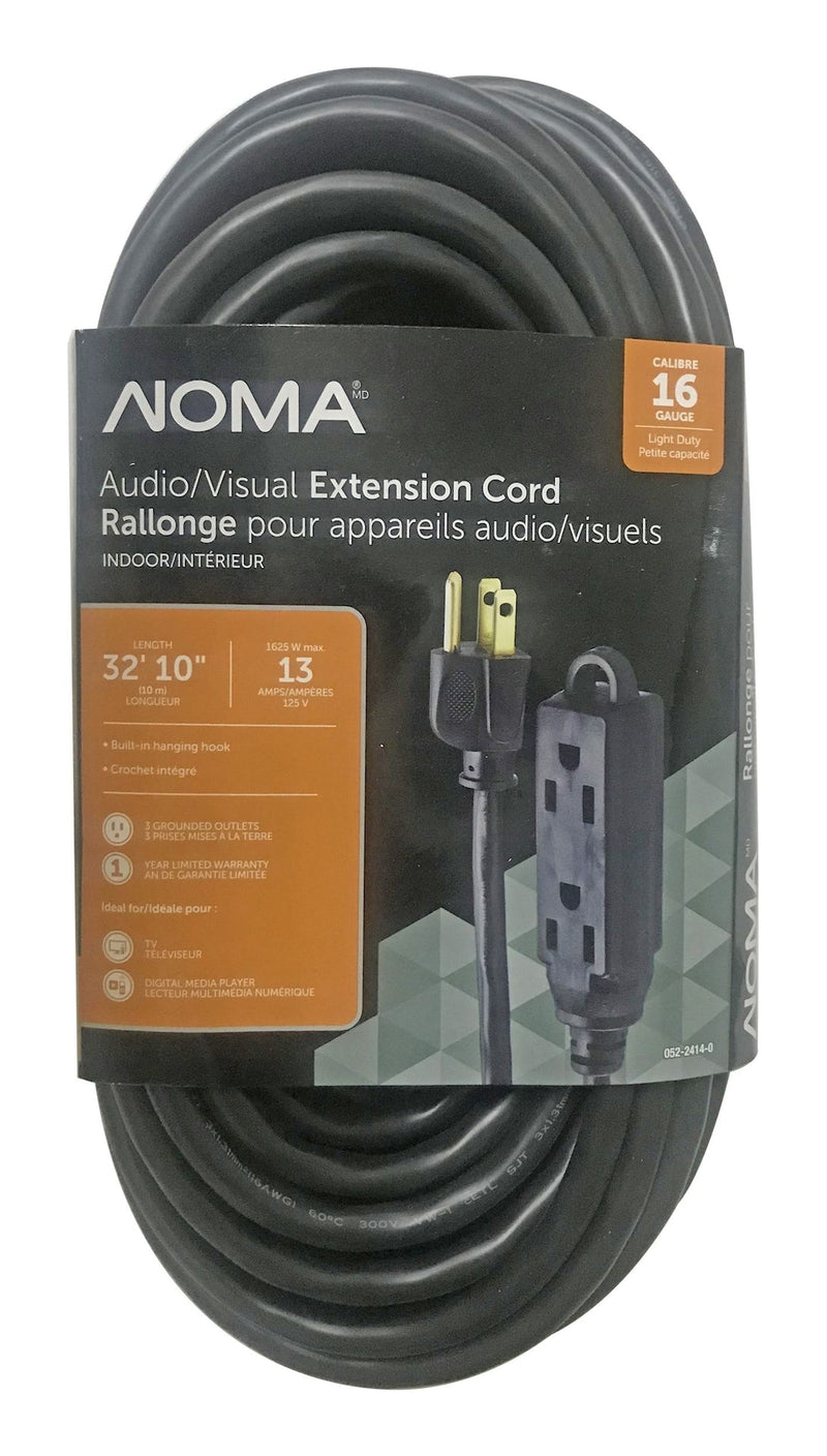 NOMA 32-ft 10-in 16/3 Light Duty Extension Cord with 3 Grounded Outlets. Audio / Visual, Black G1