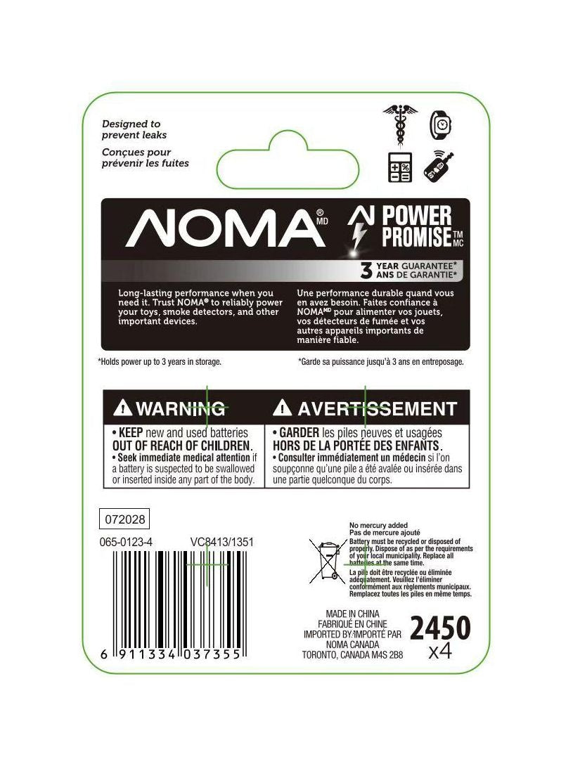 Noma CR2450 Lithium Battery, Long-Lasting Power, 4-pc