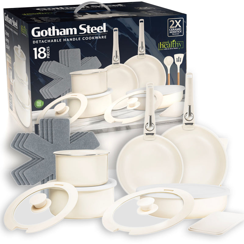 OB Gotham Steel Pots & Pan Set with Removable Handles, Cream, 18-pc D2