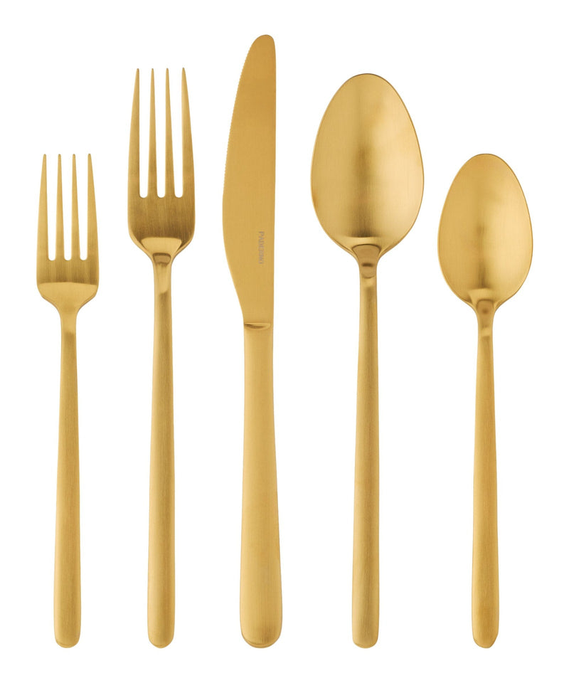 PADERNO Chelsey Satin Gold Finish Slim Round Stainless Steel Flatware Set, Serves 4, 20-pc M2