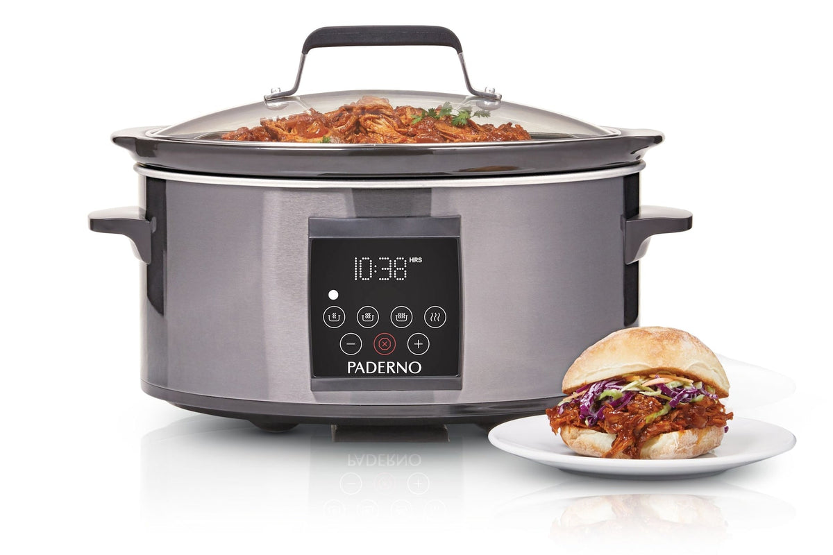 PADERNO Digital Programmable Slow Cooker, Black Stainless Steel, 6qt