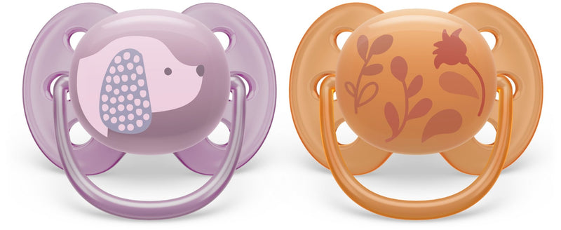 Philips Avent Ultra Soft Pacifier, 6-18 Months, Violet Puppy & Orange Leaves, 2-pk Q6
