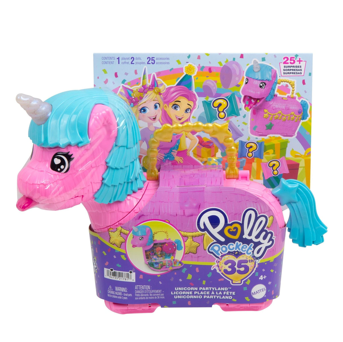 Polly Pocket 35th Celebration Unicorn Partyland Playset, Includes 2 Micro Dolls, Pets & 25+ Surprise Accessories, Kids Ages 3+