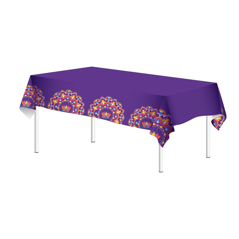 Rangoli Patterned Rectangle Plastic Reusable Table Cover, Multi-Coloured, 51x87-in, for Diwali L1