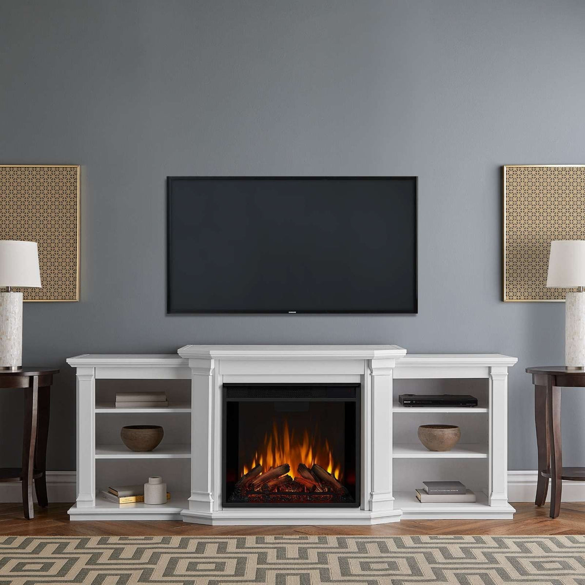 Real Flame Valmont Media Indoor Electric Fireplace TV Stand, 74-in, 1500W, Includes Remote Control & Firebox, White