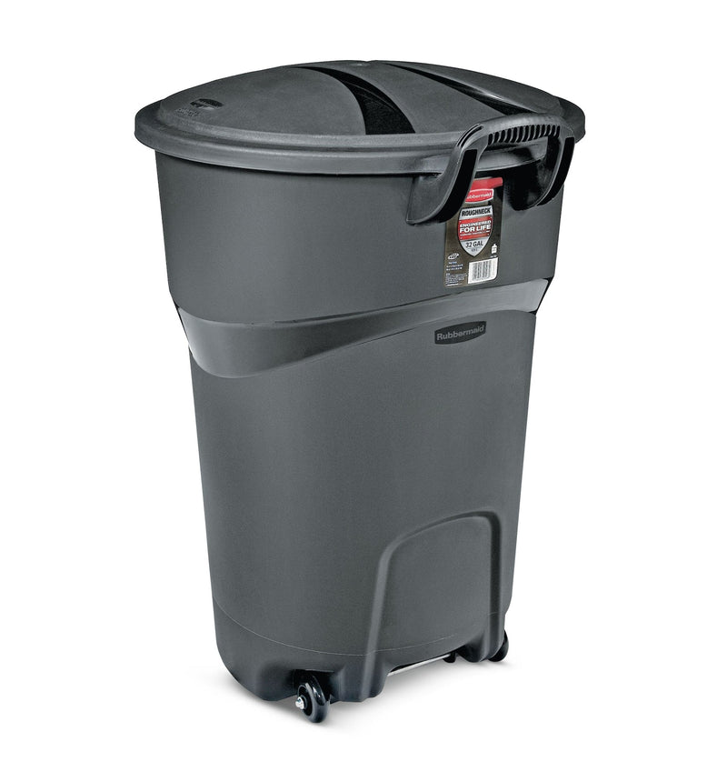 Rubbermaid Plastic Circular Wheeled Garbage Can with Handle, Black, 121-L U4