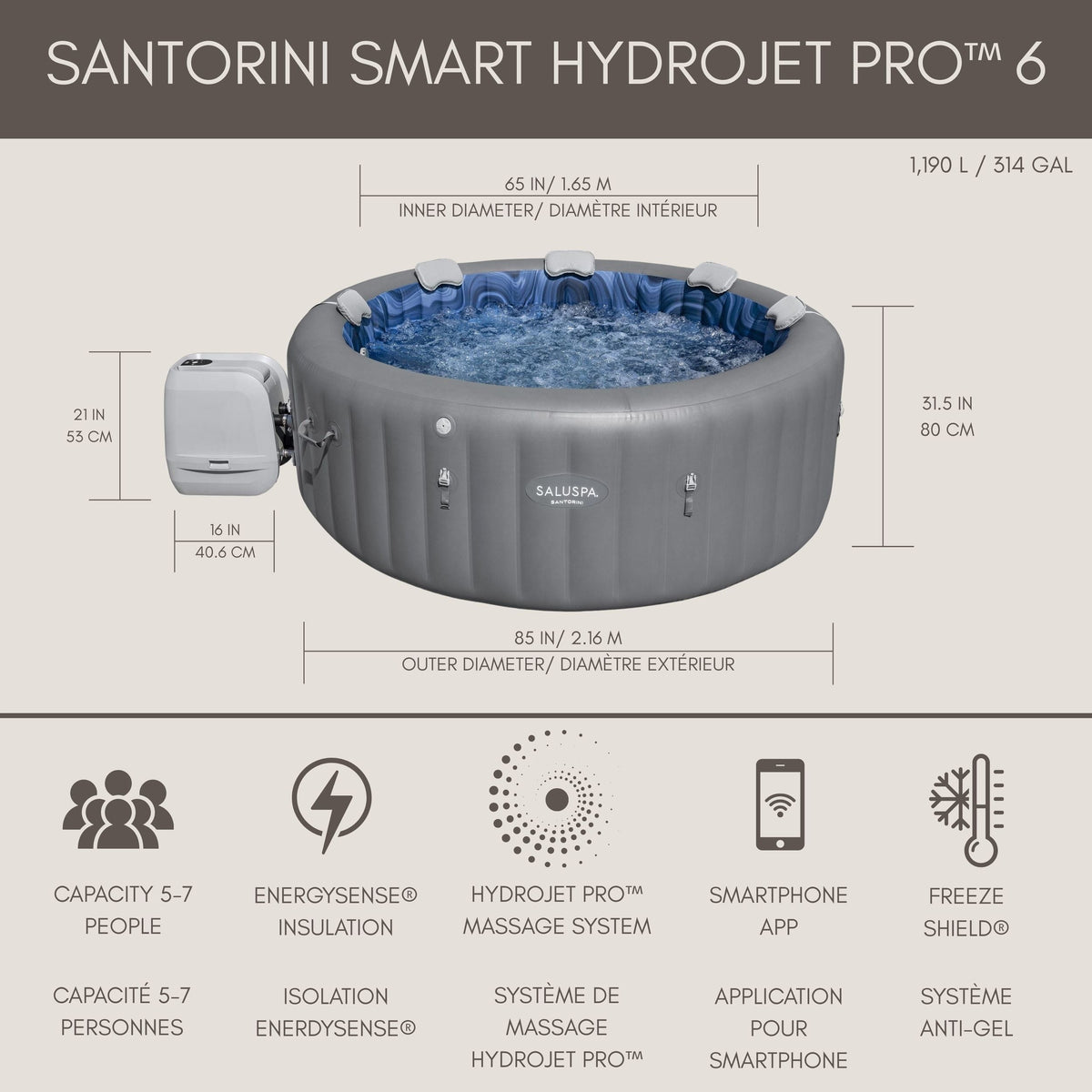 Salu Spa Santorini Grey 7-Person Luxe HydroJet Pro Round Smart Spa, 85-in x 31.5-in
