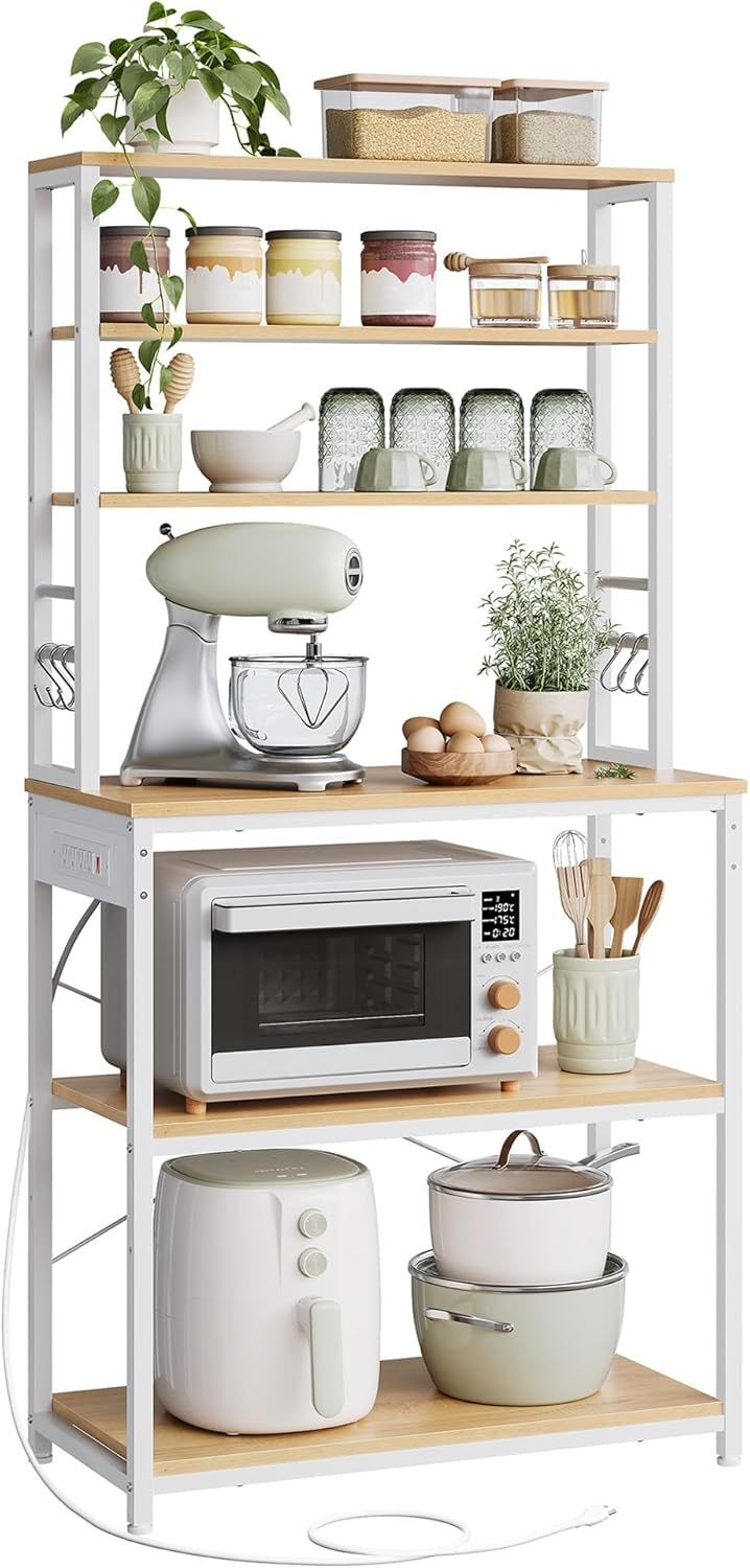 Songmics Home Oak/White Baker's Rack with 4 AC Outlets V3