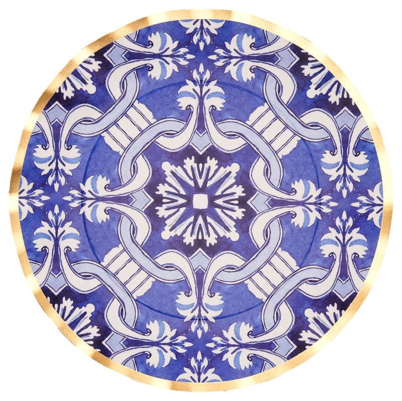Sophistiplate Moroccan Nights Round Bordered Trimmed Paper Disposable Dinner Plates, Blue/Gold, Tile, 10-in, 8-pk, for Mother's Day/Easter X3