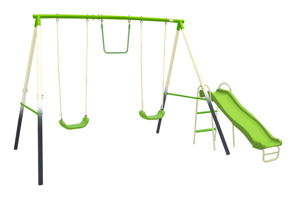 Sportspower Outdoor 4-Station Metal Swing Set Combo with 2 Swings, Trapeze & Slide, Ages 3+ T8