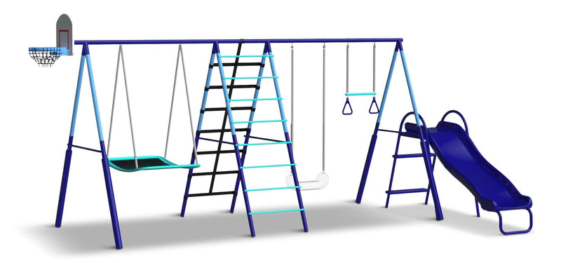 Sportspower Sunset Slam Kids' 7-Station LED Metal Swing Set Combo with Basketball Hoop & Slide R8