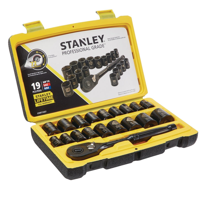 Stanley Professional Grade Black Chrome Socket Set, 19-pc, SAE/Metric K7